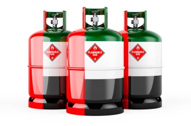 Birleşik Arap Emirlikleri bayrağı propan silindirlerine sıkıştırılmış gaz ile boyanmış, 3 boyutlu görüntüleme beyaz arka planda izole edilmiş