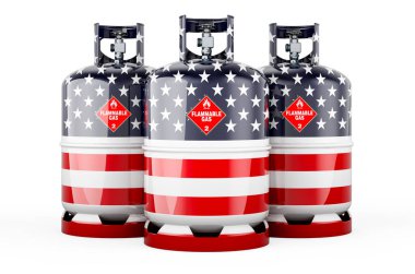 Propan silindirlerine sıkıştırılmış gazla boyanmış ABD bayrağı, beyaz arka planda 3 boyutlu görüntüleme