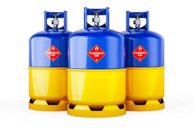 Propan silindirlerinde sıkıştırılmış gazla boyanmış Ukrayna bayrağı, beyaz arkaplanda 3 boyutlu görüntüleme