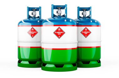 Propan silindirlerine sıkıştırılmış gaz ile Özbek bayrağı boyanmış, 3 boyutlu görüntüleme beyaz arkaplanda izole edilmiş