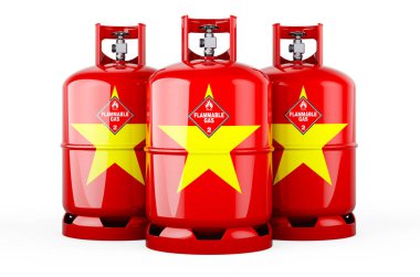 Propan silindirlerine sıkıştırılmış gaz ile Vietnam bayrağı boyanmış. Beyaz arka planda 3 boyutlu görüntüleme.