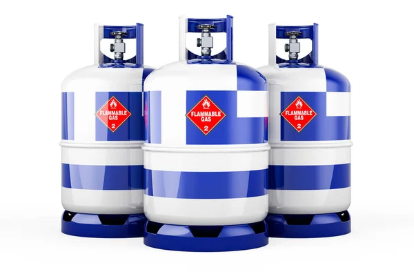 Greek Flag Painted Propane Cylinders Compressed Gas Rendering Isolated White —  Fotos de Stock