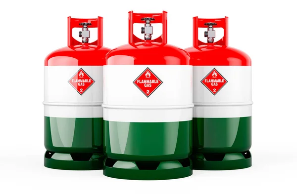 Hungarian Flag Painted Propane Cylinders Compressed Gas Rendering Isolated White — Foto de Stock