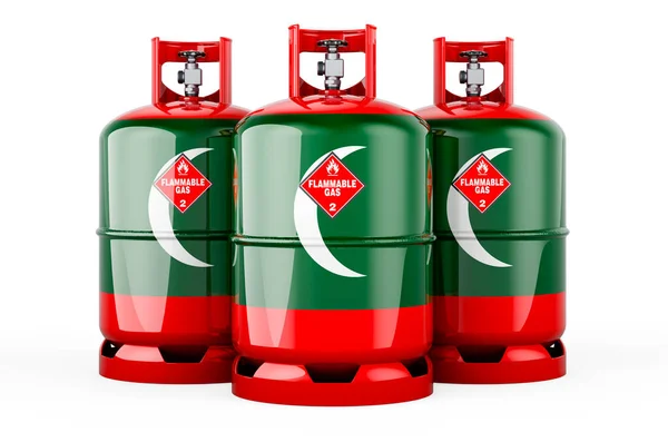 圧縮ガスでプロパンシリンダーに描かれたモルディブ国旗 白い背景に隔離された3Dレンダリング — ストック写真
