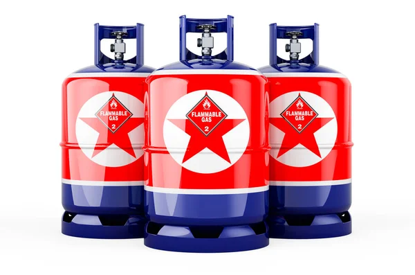 圧縮ガスでプロパンシリンダーに描かれた北朝鮮の旗 白い背景に隔離された3Dレンダリング — ストック写真