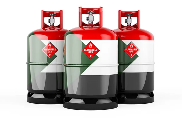 Sudanese Flag Painted Propane Cylinders Compressed Gas Rendering Isolated White — Foto de Stock