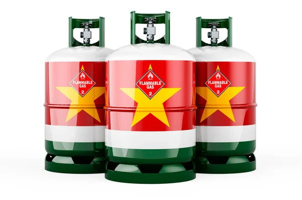 Surinamese Flag Painted Propane Cylinders Compressed Gas Rendering Isolated White — Stock Photo, Image