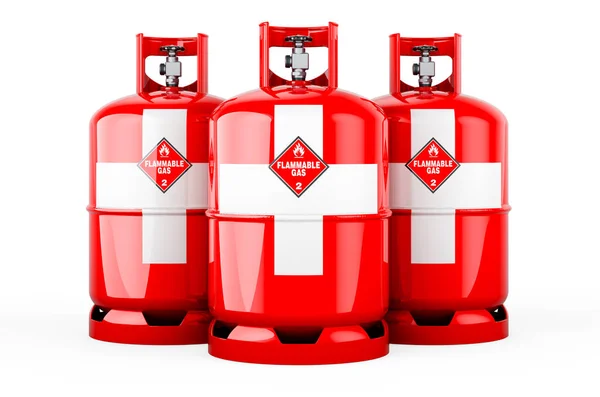 Swiss Flag Painted Propane Cylinders Compressed Gas Rendering Isolated White — 스톡 사진