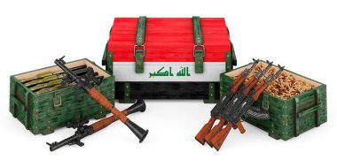 Silahlar, Irak 'taki askeri malzemeler, konsept. Beyaz arka gruplandırmada 3B görüntüleme