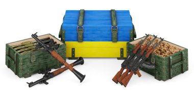 Silahlar, Ukrayna 'daki askeri malzemeler, konsept. Beyaz arka gruplandırmada 3B görüntüleme