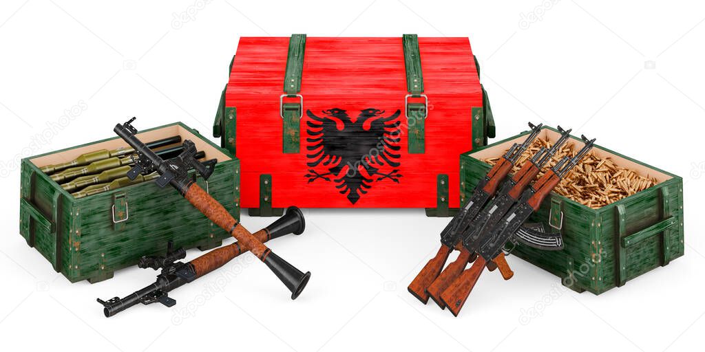 Weapons, military supplies in Albania, concept. 3D rendering isolated on white background