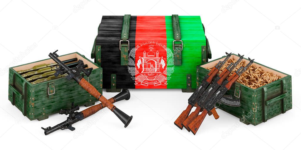 Weapons, military supplies in Afghanistan, concept. 3D rendering isolated on white background			