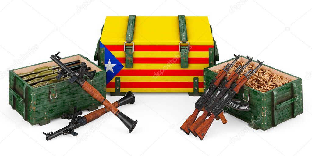 Weapons, military supplies in Catalonia, concept. 3D rendering isolated on white background	