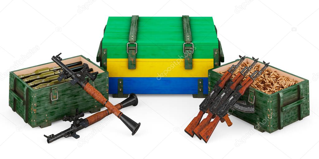 Weapons, military supplies in Gabon, concept. 3D rendering isolated on white background