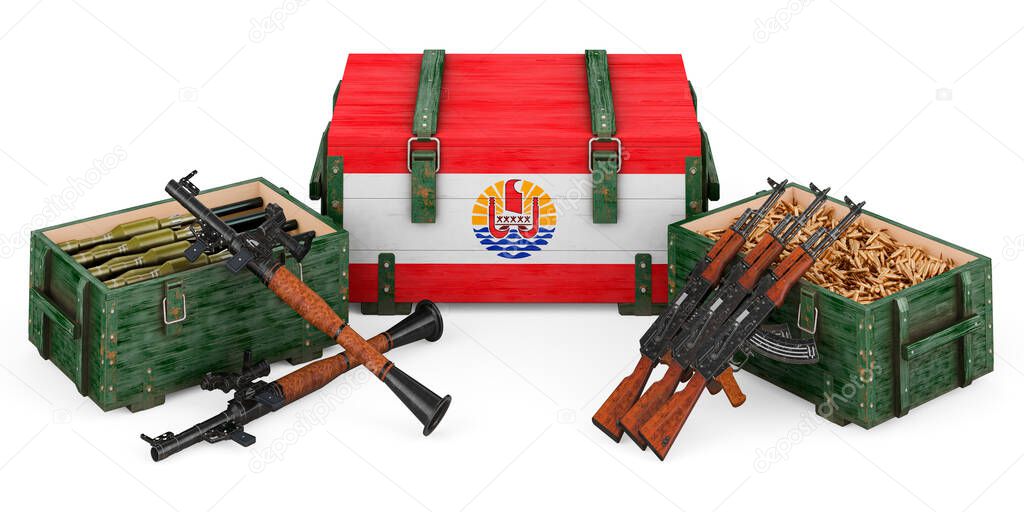 Weapons, military supplies in French Polynesia, concept. 3D rendering isolated on white background	
