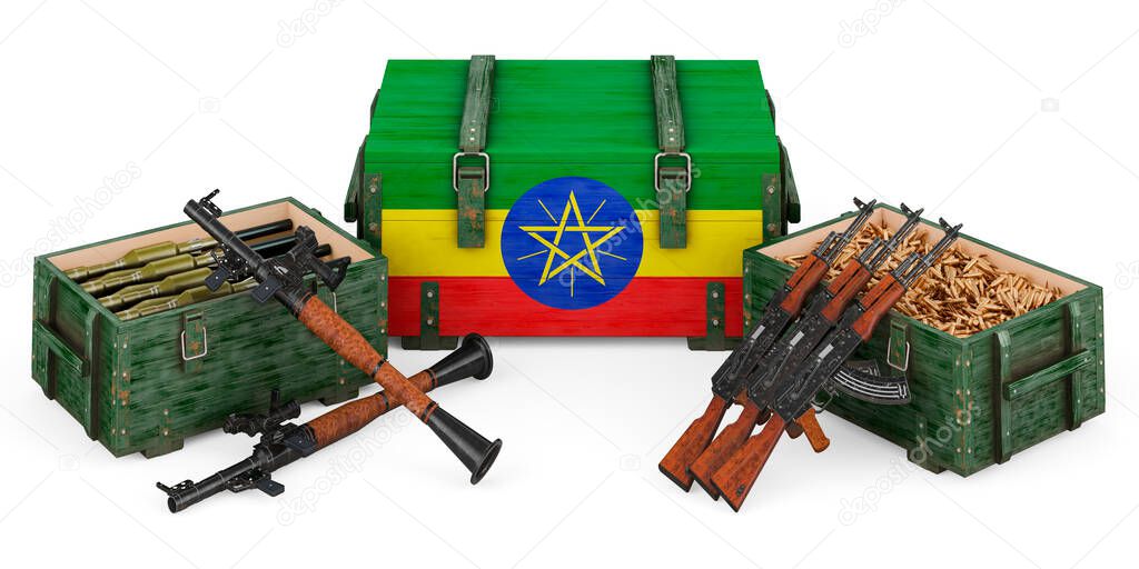 Weapons, military supplies in Ethiopia, concept. 3D rendering isolated on white background