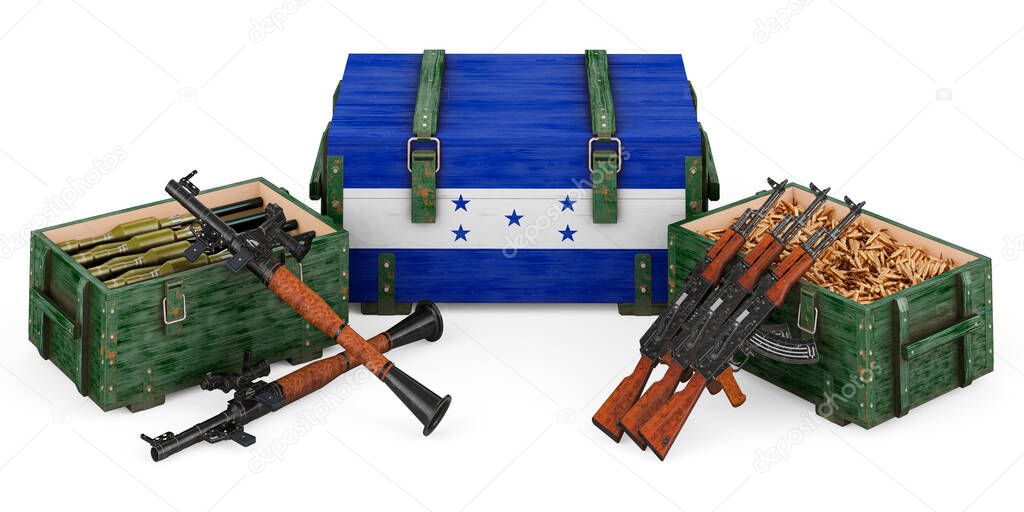 Weapons, military supplies in Honduras, concept. 3D rendering isolated on white background