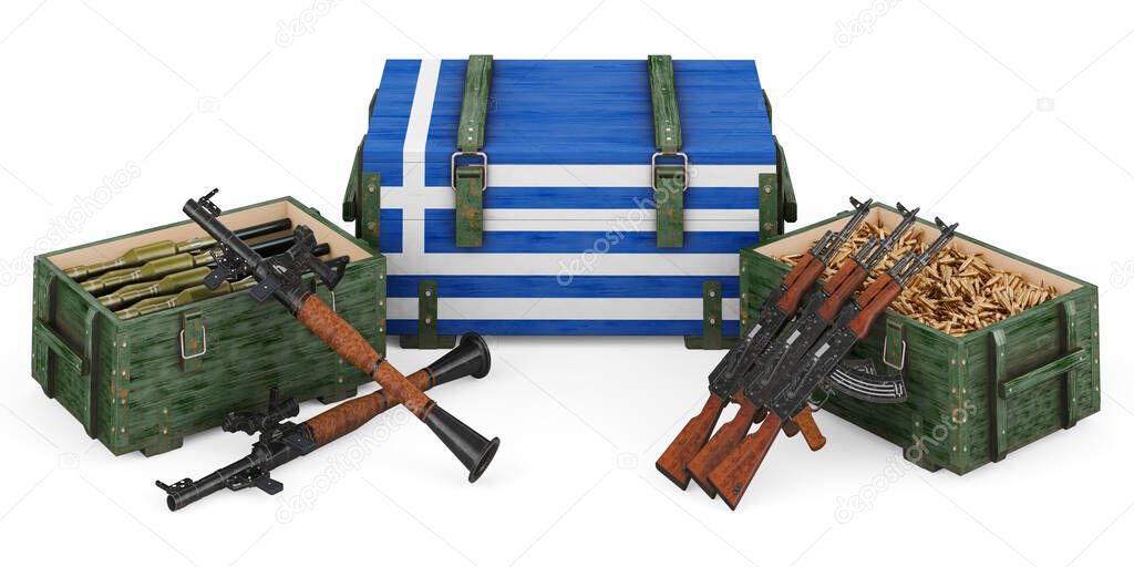 Weapons, military supplies in Greece, concept. 3D rendering isolated on white background