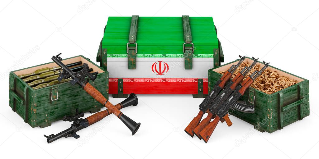 Weapons, military supplies in Iran, concept. 3D rendering isolated on white background	