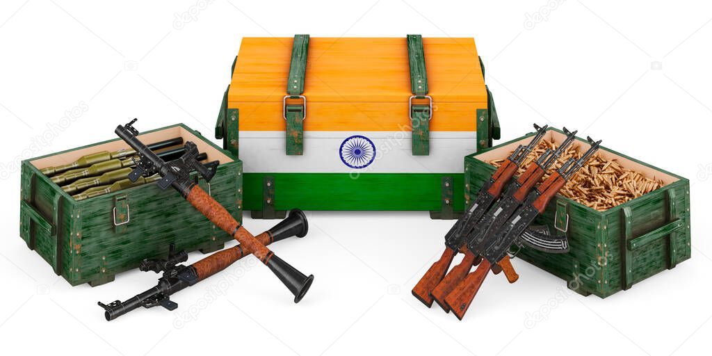 Weapons, military supplies in India, concept. 3D rendering isolated on white background