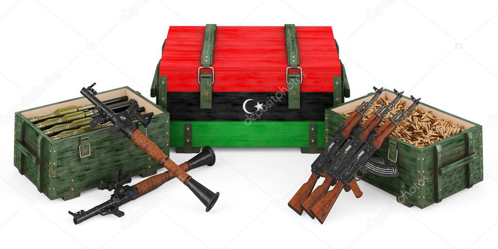 Weapons, military supplies in Libya, concept. 3D rendering isolated on white backgroun