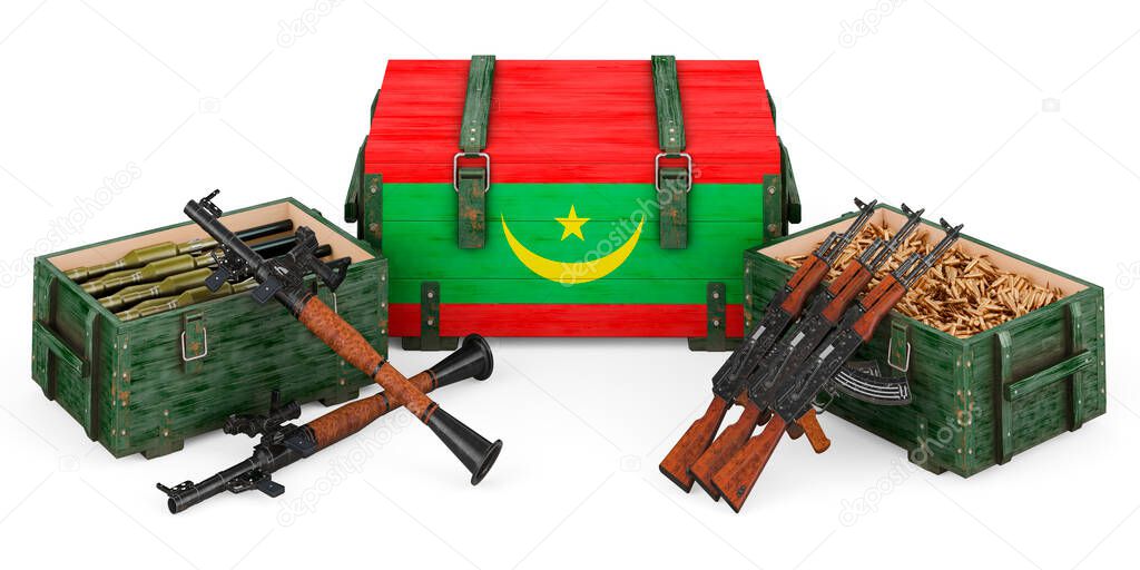 Weapons, military supplies in Mauritania, concept. 3D rendering isolated on white background		