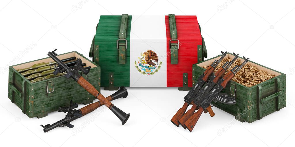 Weapons, military supplies in Mexico, concept. 3D rendering isolated on white background			