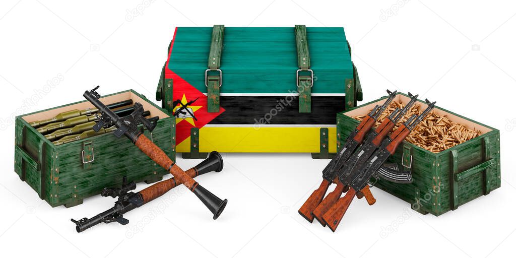 Weapons, military supplies in Mozambique, concept. 3D rendering isolated on white background		