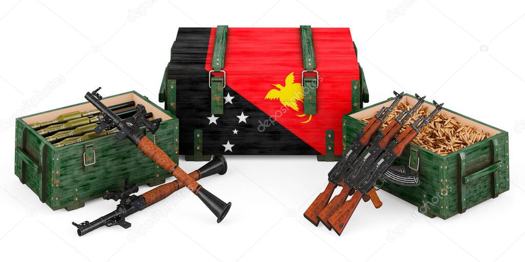 Weapons, military supplies in Papua New Guinea, concept. 3D rendering isolated on white background				