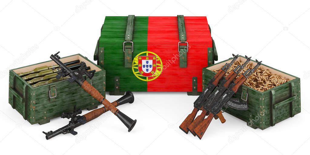 Weapons, military supplies in Portugal, concept. 3D rendering isolated on white background
