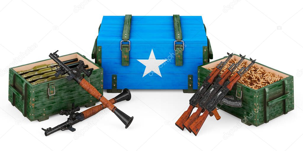 Weapons, military supplies in Somalia, concept. 3D rendering isolated on white background