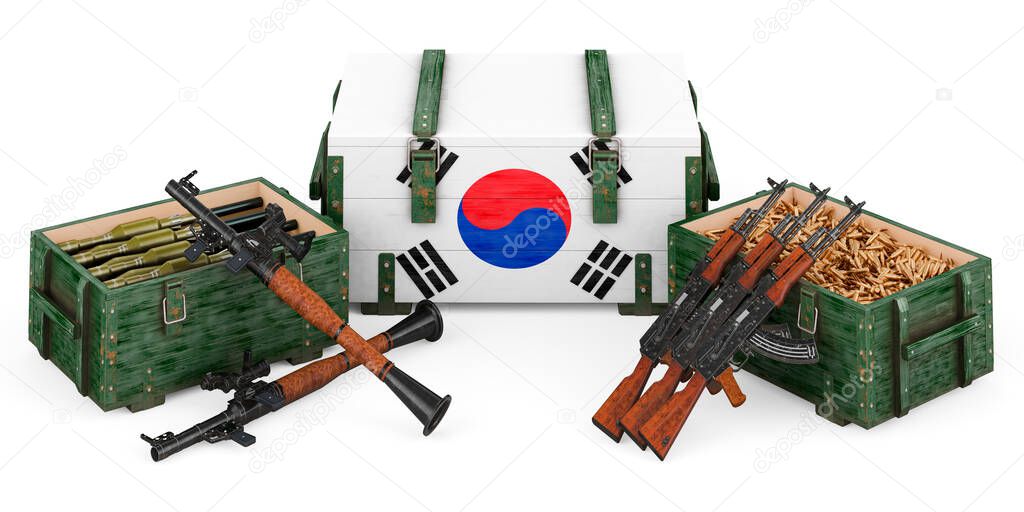 Weapons, military supplies in South Korea, concept. 3D rendering isolated on white background	