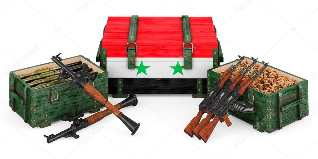 Weapons, military supplies in Syria, concept. 3D rendering isolated on white background				