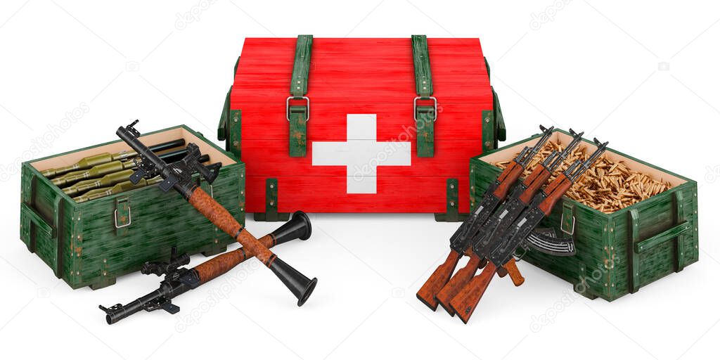 Weapons, military supplies in Switzerland, concept. 3D rendering isolated on white backgroun