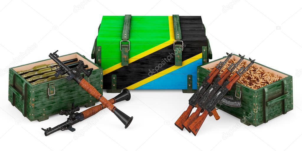 Weapons, military supplies in Tanzania, concept. 3D rendering isolated on white background			