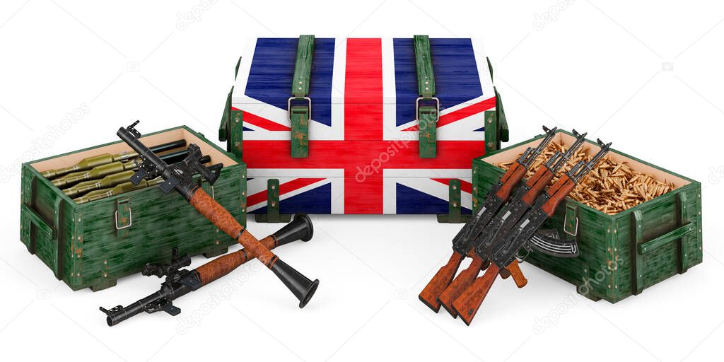 Weapons, military supplies in the Great Britain, concept. 3D rendering isolated on white backgroun