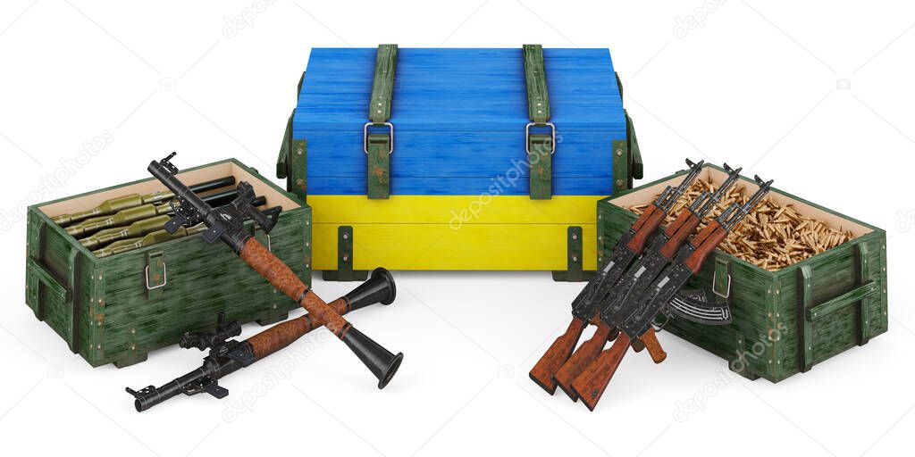 Weapons, military supplies in Ukraine, concept. 3D rendering isolated on white backgroun
