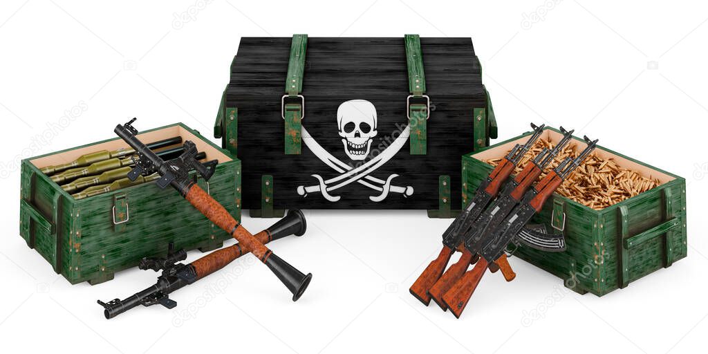 Weapons, military supplies with piracy flag, concept. 3D rendering isolated on white background 