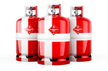 Propan silindirlerine sıkıştırılmış gaz ile Danimarka bayrağı boyanmış, 3 boyutlu görüntüleme beyaz arka planda izole edilmiş