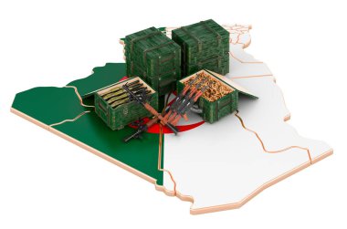 Silahlı Cezayir haritası. Cezayir 'de askeri malzeme, konsept. Beyaz arkaplanda 3B görüntüleme izole edildi