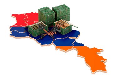 Silahlı Ermeni haritası. Ermenistan 'da askeri malzeme, konsept. Beyaz arkaplanda 3B görüntüleme izole edildi