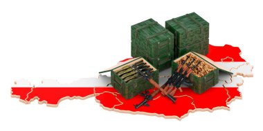 Silahlı Avusturya haritası. Avusturya 'da askeri malzeme, konsept. Beyaz arkaplanda 3B görüntüleme izole edildi