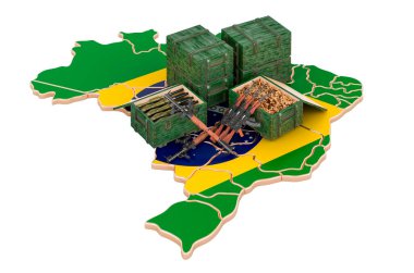 Silahlı Brezilya haritası. Brezilya 'da askeri malzeme, konsept. Beyaz arkaplanda 3B görüntüleme izole edildi