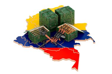 Silahlı Kolombiya haritası. Kolombiya 'da askeri malzeme, konsept. Beyaz arkaplanda 3B görüntüleme izole edildi