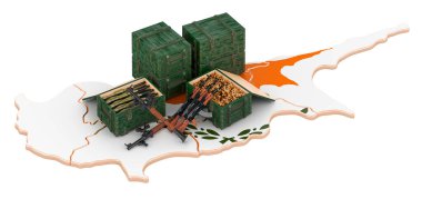 Silahlı Kıbrıs haritası. Kıbrıs 'ta askeri malzeme, konsept. Beyaz arkaplanda 3B görüntüleme izole edildi