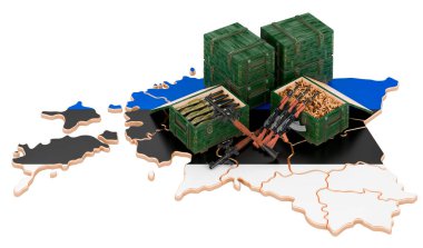 Silahlı Estonya haritası. Estonya 'da askeri malzeme, konsept. Beyaz arkaplanda 3B görüntüleme izole edildi