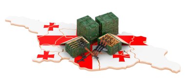Silahlı Gürcistan haritası. Georgia 'da askeri malzeme, konsept. Beyaz arkaplanda 3B görüntüleme izole edildi