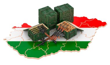 Silahlı Macar haritası. Macaristan 'da askeri malzeme, konsept. Beyaz arkaplanda 3B görüntüleme izole edildi
