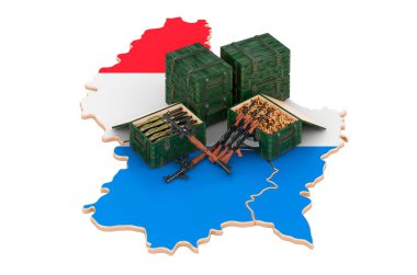 Silahlı Lüksemburg haritası. Lüksemburg 'da askeri malzeme, konsept. Beyaz arkaplanda 3B görüntüleme izole edildi