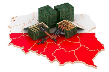 Silahlı Polonya haritası. Polonya 'da askeri malzeme, konsept. Beyaz arkaplanda 3B görüntüleme izole edildi